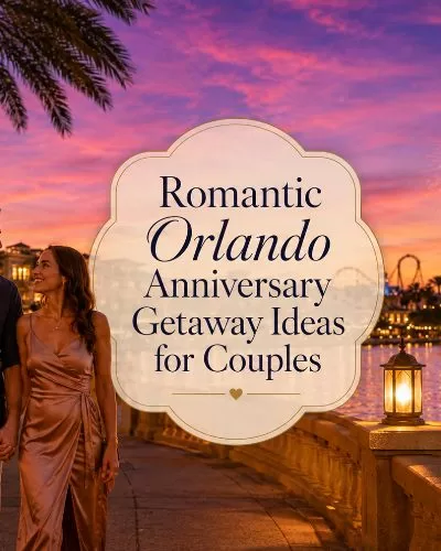 Featured image Romantic couple walking along an Orlando waterfront at sunset with fireworks, palm trees, and glowing evening lights.