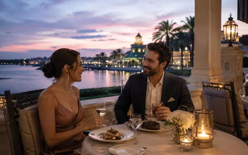ouple enjoying a romantic waterfront dinner at an Orlando-style resort with cocktails, candlelight, palm trees, and a soft evening sky.