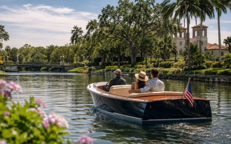 Couple sitting close together on a peaceful Winter Park-style boat ride with a driver, surrounded by gardens, palm trees, calm water, and lakeside scenery.