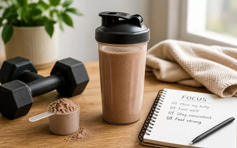 Chocolate protein shake in a shaker bottle with dumbbells, a notebook, and protein powder on a wooden table.