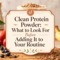 Clean protein powder article graphic over a creamy protein shake with fruit, bananas, berries, oats, and granola.