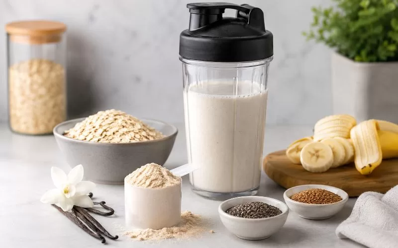 Protein powder scoop with a shaker bottle, oats, banana, chia seeds, flax seeds, and vanilla on a clean kitchen counter.