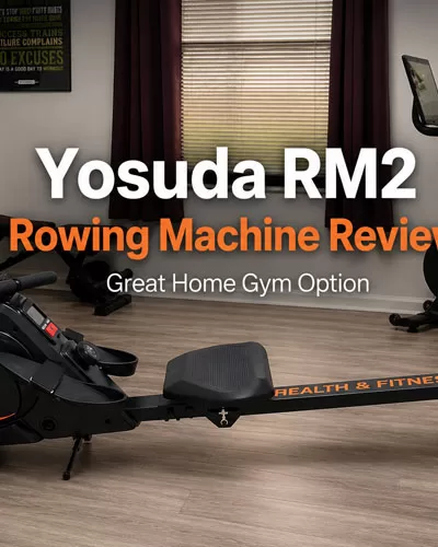 Yosuda RM2 rowing machine review featured image showing a compact rowing machine in a home gym workout room with fitness equipment and motivational wall decor.