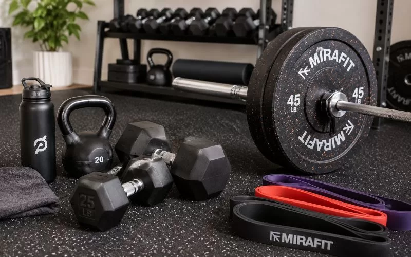 Strength training equipment for structured exercise, including dumbbells, kettlebell, barbell, weight plates, resistance bands, and home gym gear.