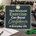 Structured exercise featured graphic with home gym equipment, dumbbells, weight plates, resistance band, workout notebook, and confidence-building fitness message.