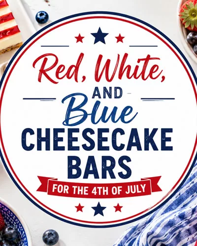 Featured image for red, white, and blue cheesecake bars with patriotic title graphic, fresh berries, and American flag decor.