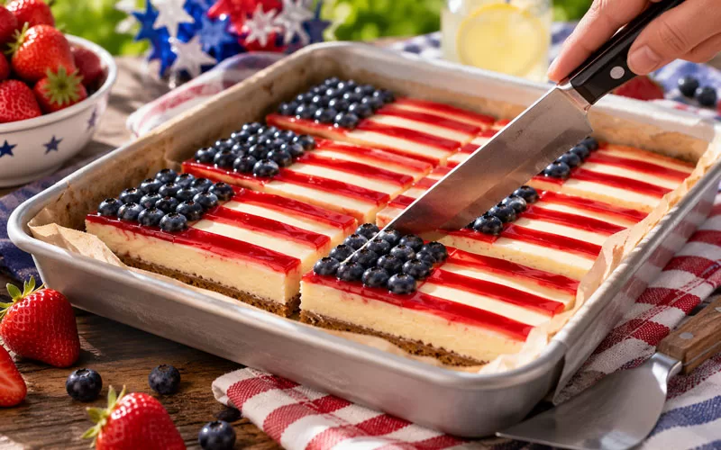 Red, white, and blue cheesecake bars being sliced in a pan for a patriotic summer dessert.