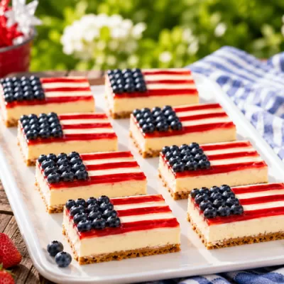 Red, white, and blue cheesecake bars decorated like American flags on a white platter with fresh berries and lemonade.