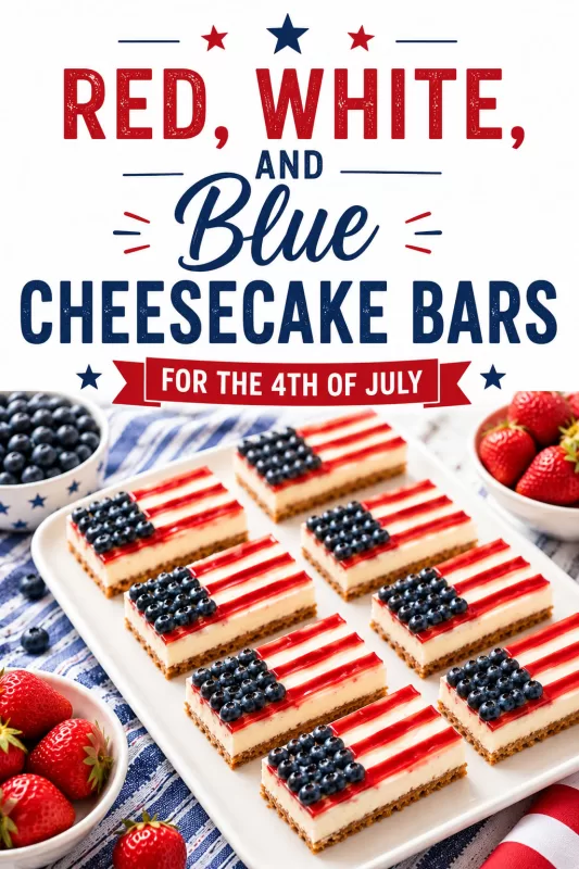 Red, white, and blue cheesecake bars decorated like American flags with blueberries and red stripes for a festive 4th of July dessert.