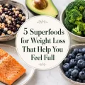 Five superfoods for weight loss arranged around centered title text, including beans, avocado, salmon, blueberries, and broccoli.