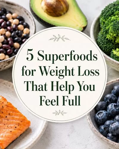 Five superfoods for weight loss arranged around centered title text, including beans, avocado, salmon, blueberries, and broccoli.