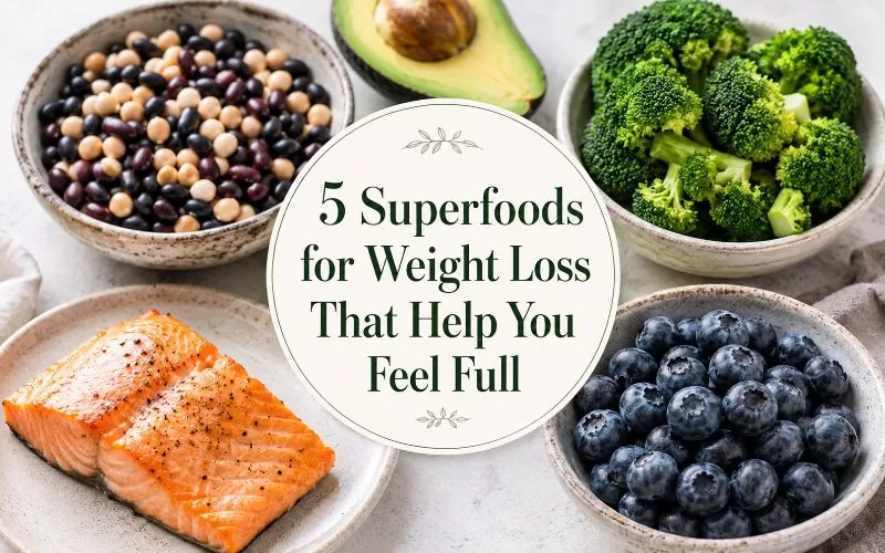 Five superfoods for weight loss arranged around centered title text, including beans, avocado, salmon, blueberries, and broccoli.