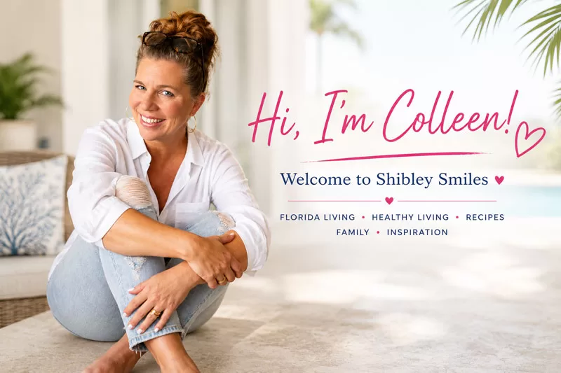 Smiling Florida lifestyle blogger sitting poolside on a coastal patio with tropical outdoor scenery and welcoming text for Shibley Smiles