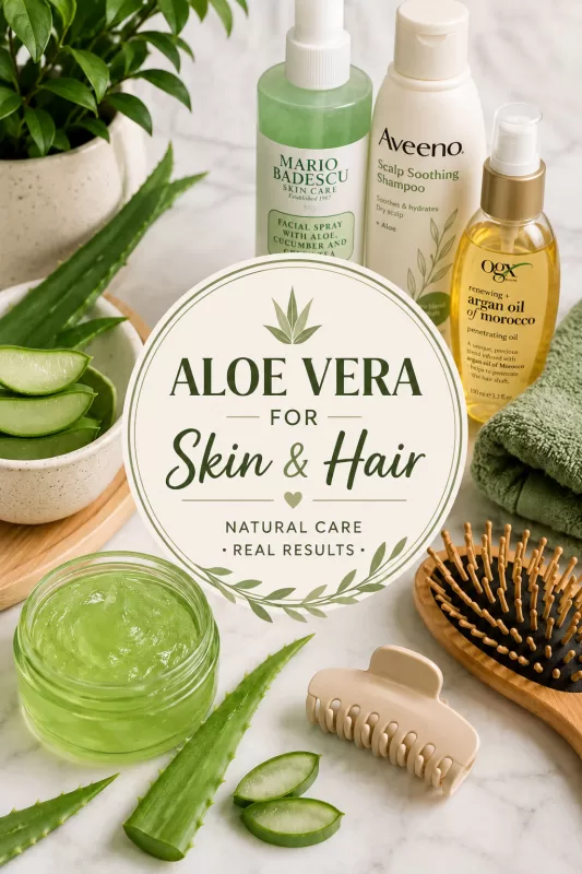 Aloe vera gel, aloe leaves, hair care products, towel, hairbrush, and hair clip arranged around an Aloe Vera for Skin & Hair graphic.