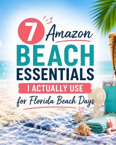 Beach essentials for Florida beach days including a straw tote, sunscreen, tumbler, towel, sunglasses, and beach accessories on the sand with ocean background