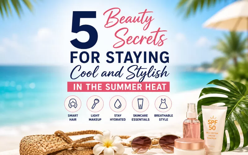 Beach-inspired summer beauty graphic featuring skincare products, sunscreen, and tips for staying cool and stylish in hot weather