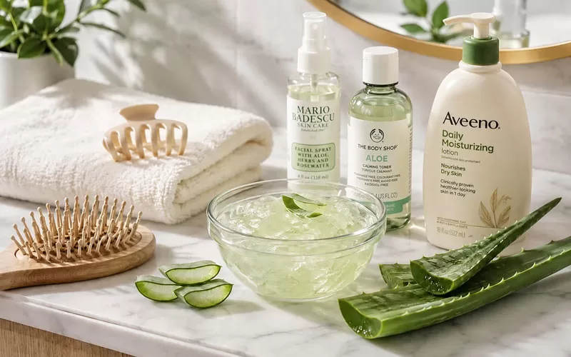 Aloe vera gel, aloe leaves, hairbrush, hair clip, soft towel, and simple hair care products arranged on a bathroom counter.