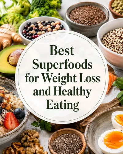 Healthy superfoods arranged around centered title text for best superfoods for weight loss and healthy eating.
