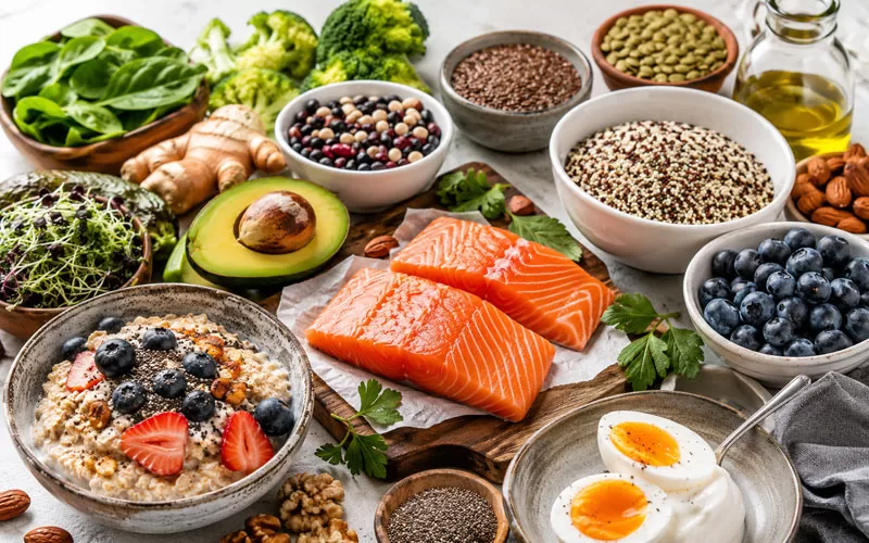 Assorted superfoods including salmon, avocado, blueberries, eggs, broccoli, beans, oats, seeds, and leafy greens arranged on a light tabletop.