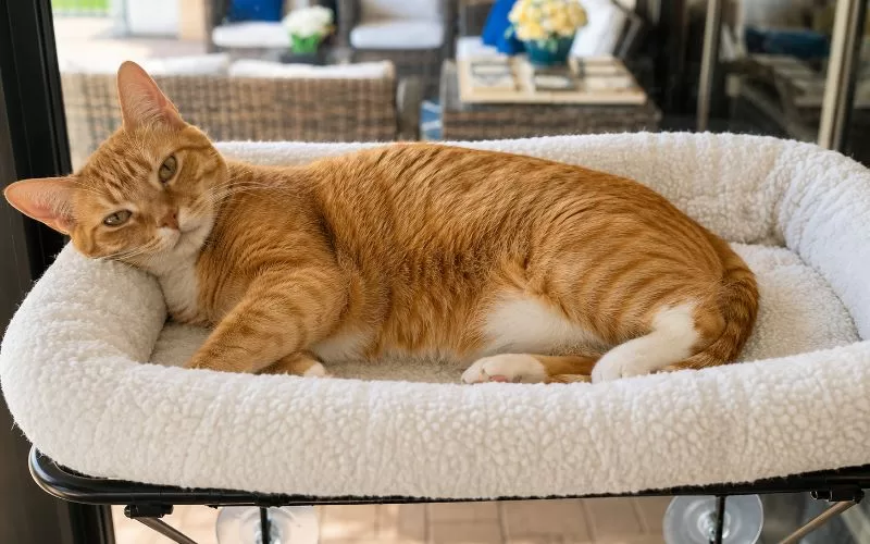 Orange tabby cat relaxing in a plush window perch with visible suction cup supports attached to a sliding glass door