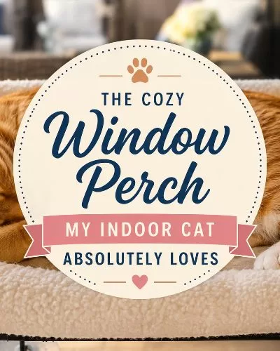 Orange tabby cat sleeping in a cozy window perch with centered graphic text for a cat product review article