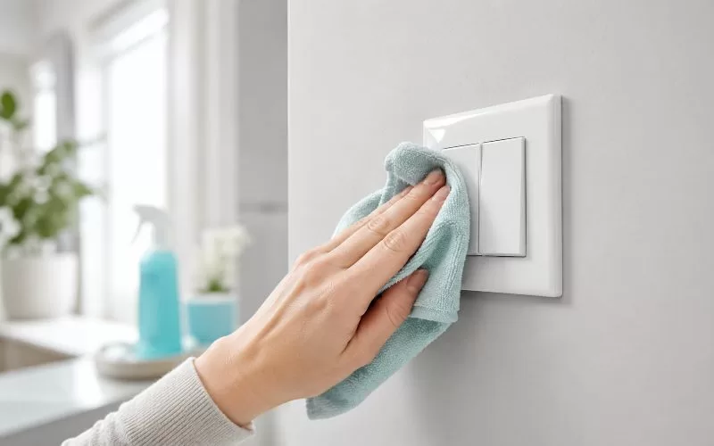 Hand wiping a white light switch with a microfiber cloth in a bright, clean home.
