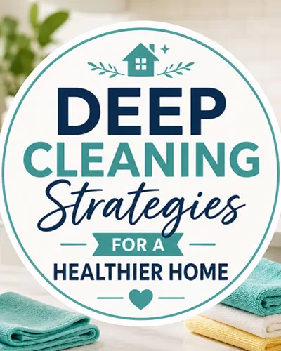 Graphic for deep cleaning strategies with cleaning supplies on a bright kitchen counter in a clean, neutral home.