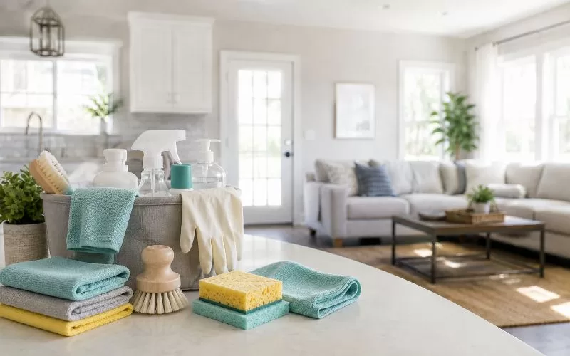 Cleaning supplies with microfiber cloths, spray bottles, gloves, brushes, and sponges on a bright kitchen counter in a clean, sunlit home.