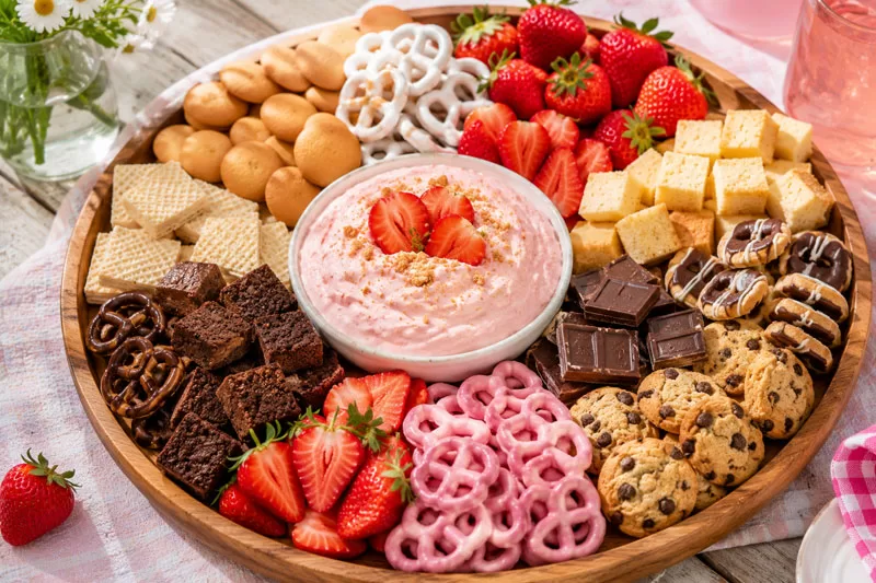 Dessert charcuterie board with strawberry cheesecake dip, fresh strawberries, cookies, brownies, chocolate, pretzels, and sweet treats arranged on a wooden tray with a picnic-style summer setting.