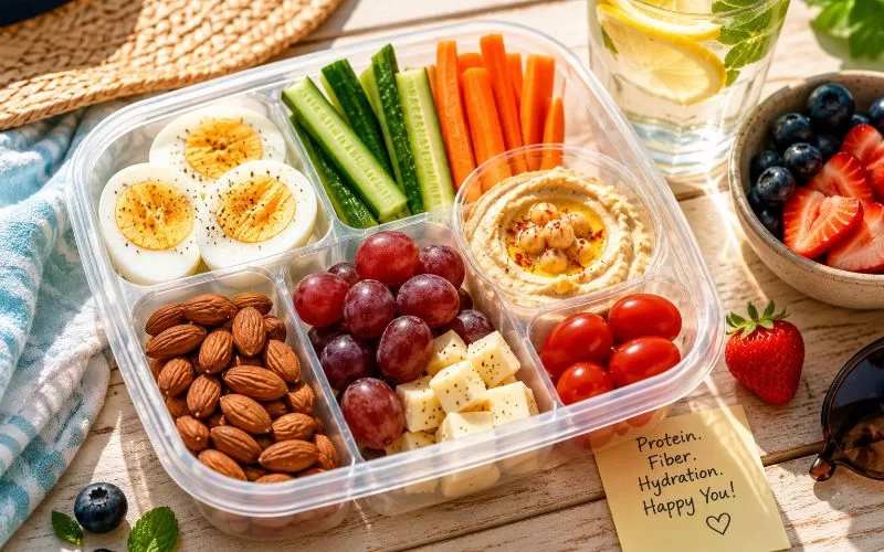 Healthy summer protein snack box with boiled eggs, hummus, vegetables, almonds, grapes, and cheese beside lemon water.