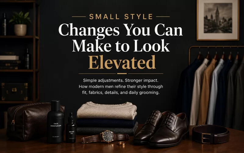 Men’s fashion and grooming graphic featuring stylish accessories and tips for elevating personal style with small wardrobe changes