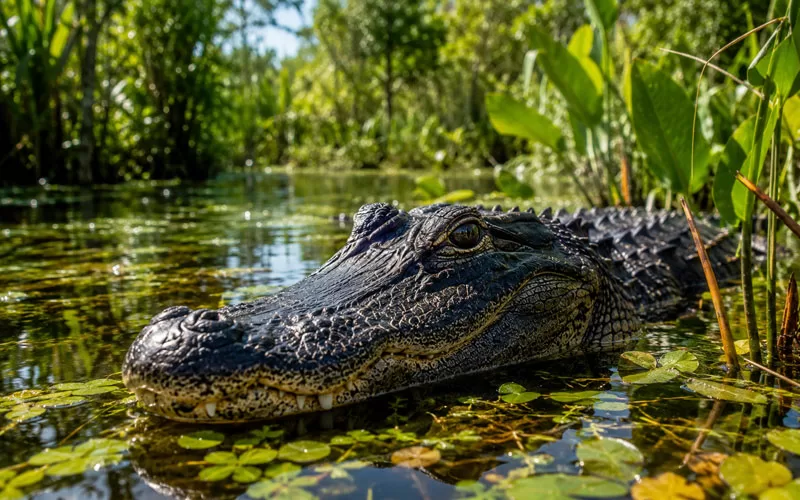 Close-up of a Florida alligator resting in a natural wetland surrounded by lush green vegetation and reflective water.