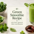 Featured image for a green smoothie recipe with a centered text graphic, surrounded by kale, spinach, mint, banana, dates, and a glass of green smoothie.