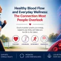 Health and wellness infographic showing healthy blood flow, a woman jogging, and circulation benefits for overall wellness