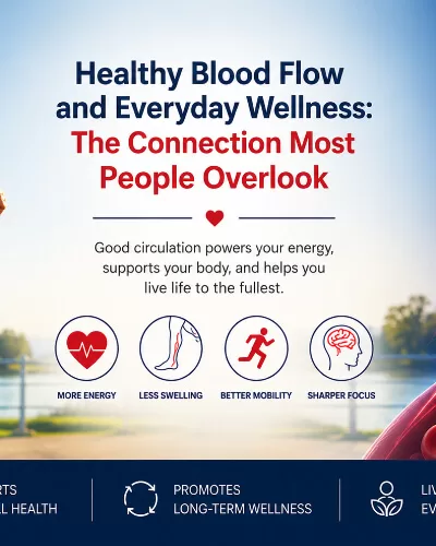 Health and wellness infographic showing healthy blood flow, a woman jogging, and circulation benefits for overall wellness