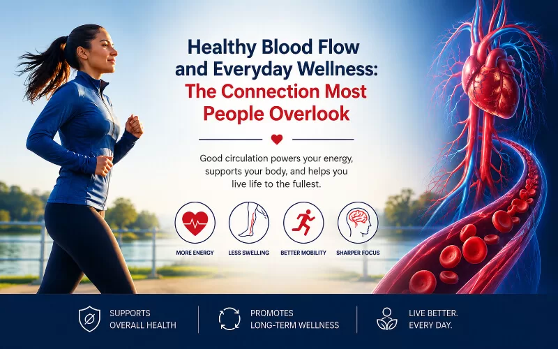 Health and wellness infographic showing healthy blood flow, a woman jogging, and circulation benefits for overall wellness