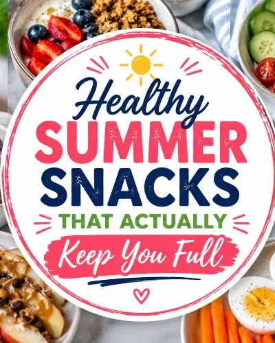 Featured image for a healthy summer snacks article featuring smoothie bowls, frozen grapes, watermelon feta cups, and protein snacks with centered text overlay.