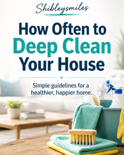 Bright home cleaning graphic featuring cleaning supplies and tips about how often to deep clean your house