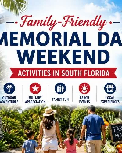 Family-friendly Memorial Day weekend activities in South Florida featuring Jungle Island, Treewalk Village, beach events, military appreciation, farmers markets, and outdoor family fun.