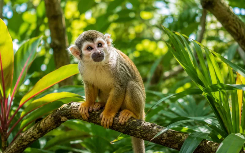 Curious squirrel monkey perched on a tree branch surrounded by lush tropical foliage at Monkey Jungle in Florida.