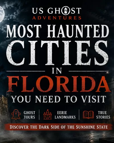 Dark cinematic hero image for Most Haunted Cities in Florida featuring a haunted lighthouse, historic fort, eerie city building, and ghostly statue at night.
