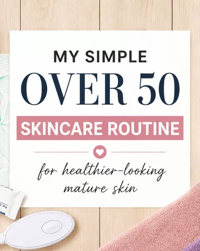 Featured image for over 50 skincare routine featuring an Omnilux mask, Tretinoin cream, Vanicream moisturizer, and soft facial cloths on a light wood background.