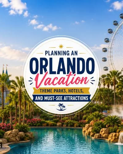 Orlando vacation featured image with centered travel-style typography, Cinderella Castle, Universal globe, resort pool scenery, and the Orlando Eye in a bright Florida setting.
