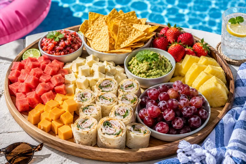 Poolside summer snack board with watermelon, pineapple, tortilla chips, salsa, guacamole, cheese cubes, turkey pinwheels, and fresh fruit arranged on a wooden tray beside a swimming pool.