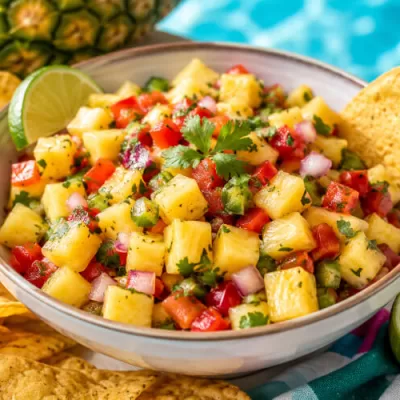 Fresh poolside pineapple salsa with tortilla chips, lime, cilantro, red peppers, and pineapple beside a swimming pool.
