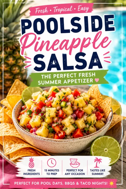 Colorful Pinterest graphic for Poolside Pineapple Salsa featuring fresh pineapple salsa, tortilla chips, limes, and tropical summer styling by a swimming pool.