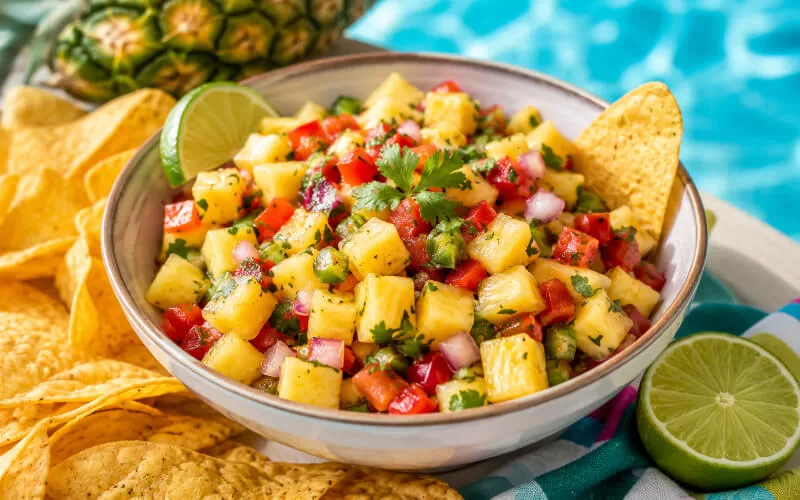Fresh poolside pineapple salsa with tortilla chips, lime, cilantro, red peppers, and pineapple beside a swimming pool.