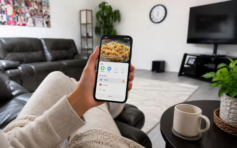 Person relaxing in a living room while saving a pasta recipe from social media to ReciMe on a smartphone.