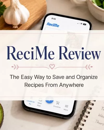 ReciMe review featured image showing a smartphone with the ReciMe app on a kitchen counter surrounded by fresh ingredients and a meal planning notebook.