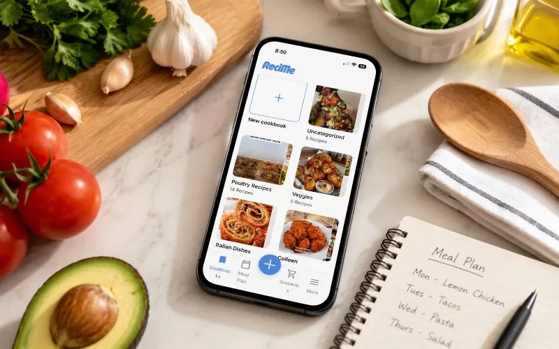 Smartphone displaying the ReciMe recipe organization app on a bright kitchen countertop surrounded by fresh ingredients, cooking utensils, and a weekly meal planning notebook.